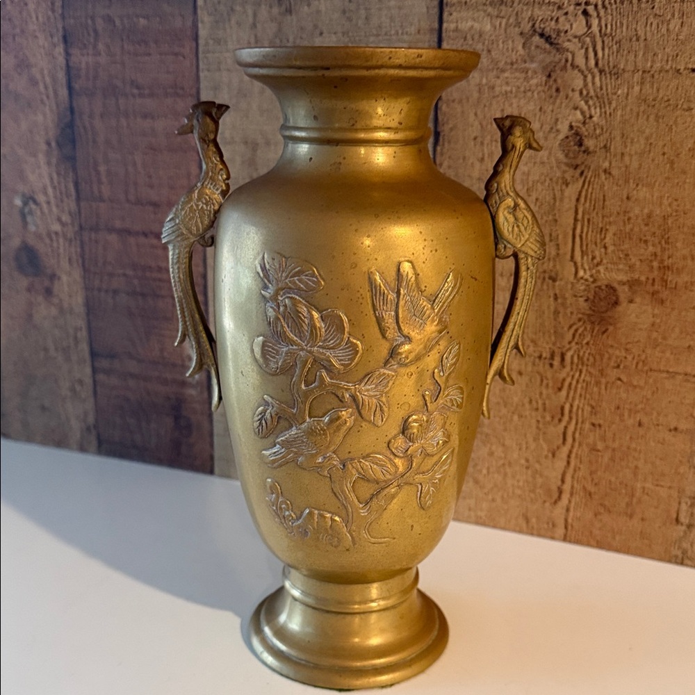 Vintage Japanese Brass Vase Urn with Birds/Peacocks Japan Aesthetic